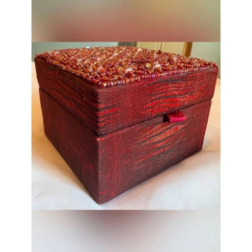 Vintage Red Beaded Wooden Jewelry Box Trinket Keepsake Box Mirror Boho Decor